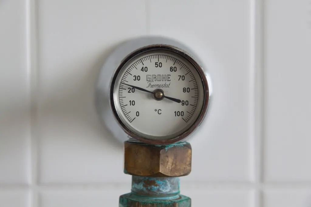 Temperature gauge on a heating pipe against white tile